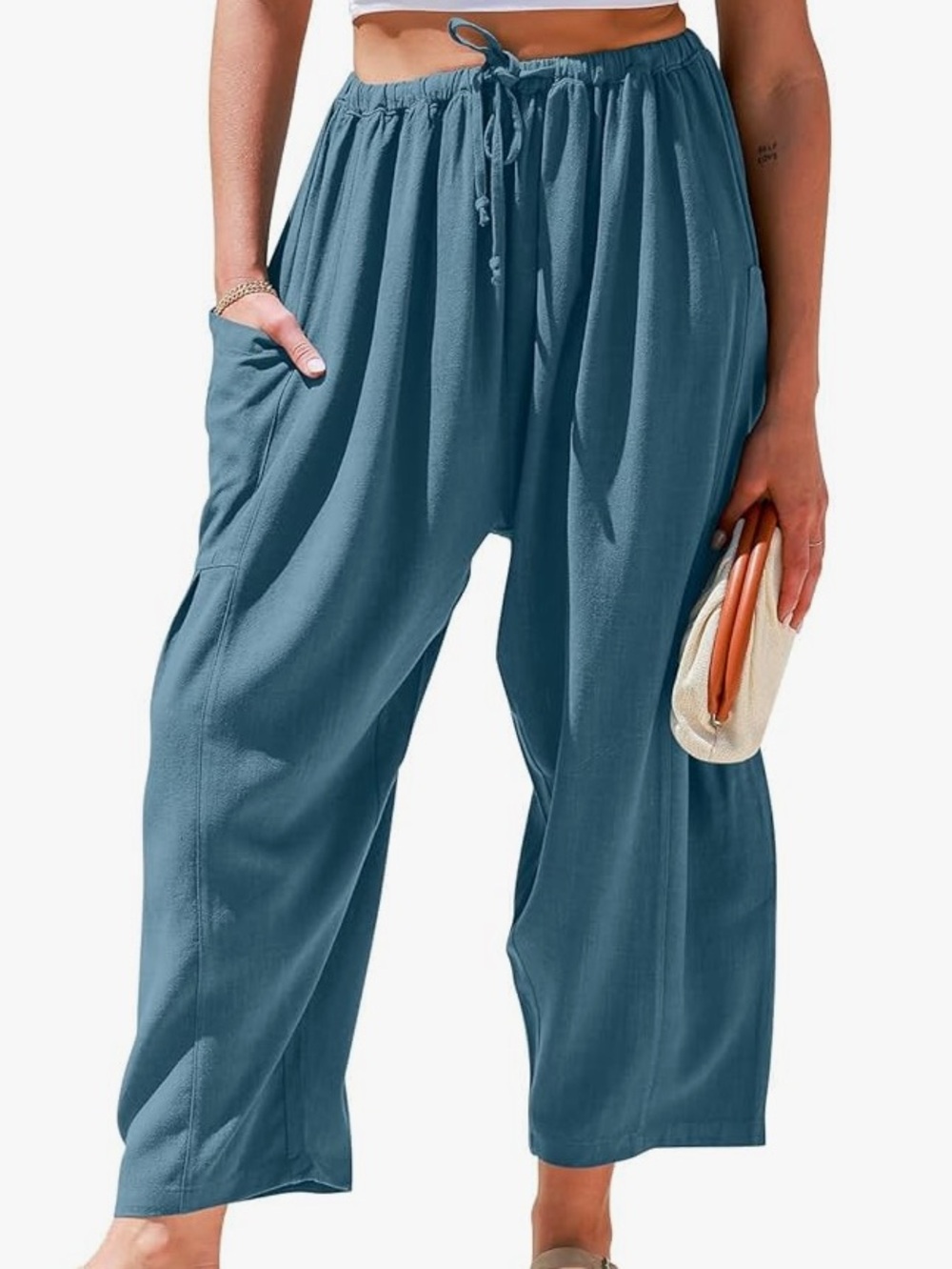 Women's Lake Blue Linen Wide Leg Drawstring Pants